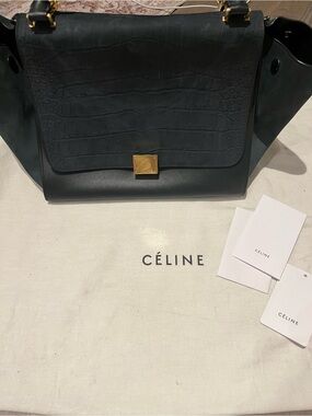 Celine Trapeze Croc-Embossed Leather Shoulder Bag
